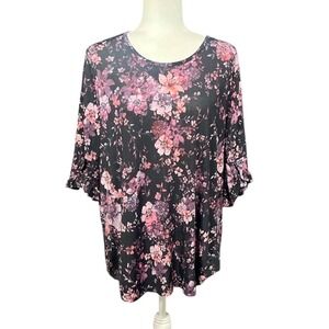 CURE Floral Blouse Women Size 1XL Ruffle Sleeve Stretch Country Boho Romantic